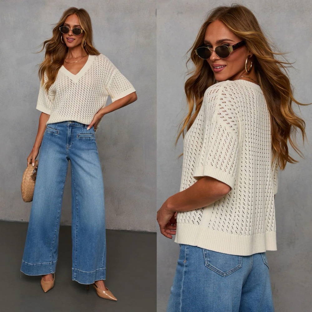 Crochet Knit V-Neck Sweater Top | Relaxed Short Sleeve | Neutral Staple (S)